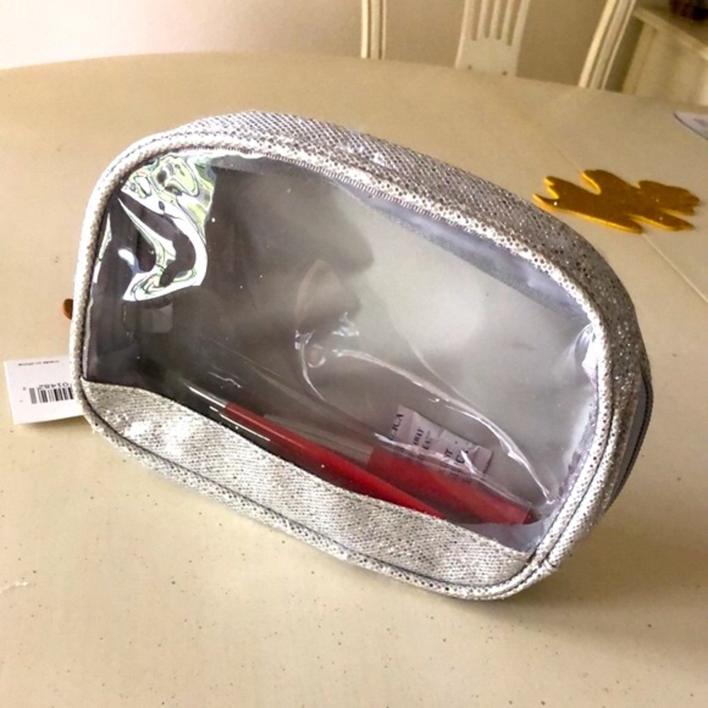 Sparkly Silver Clear front Make up Cosmetic Bag  Brush Set